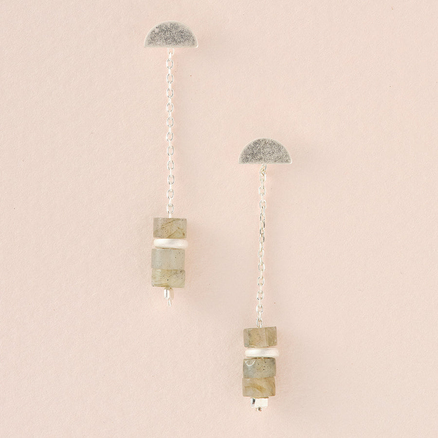 Two Meteor Thread Labradorite Silver minimalist drop earrings from Scout Jewelry are shown against a light neutral background. Each hypoallergenic earring features a semi-circle sterling silver stud, a fine chain, and three small square beads in a gradient of gray hues, separated by small silver spacers.