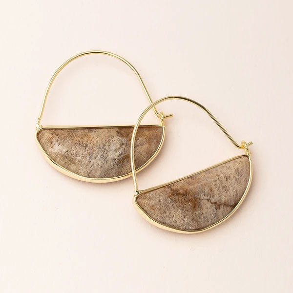 Introducing the Hoop Earring Fossil Coral/Gold by Scout Jewelry. These gold hoop earrings feature a semi-circular beige fossil coral stone with a textured pattern. The 14K gold-dipped, hypoallergenic design offers minimalist elegance, making them perfect for adding a touch of sophistication to any outfit.