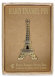 The Eiffel Tower Pin, crafted as a hard enamel piece, is beautifully presented in a delightful gift box. The packaging features the text "PeterPauperP, White Plains, New York" and "Hard Enamel Pin.