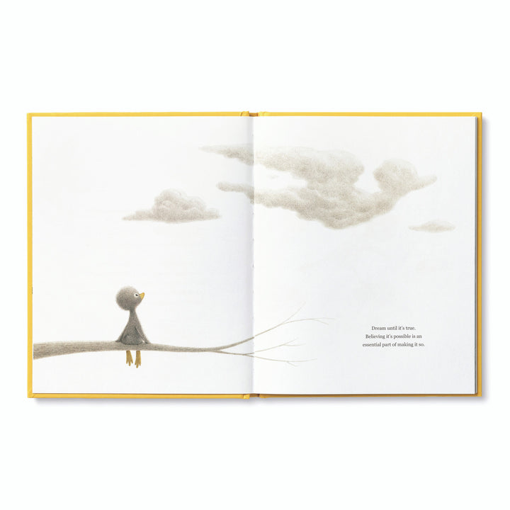 An open book titled "Finding Muchness" by Compendium reveals an illustration of a small bird perched on a branch, gazing at the clouds. The right page features a poignant message that reads: "Dream until it's true, believing is perhaps the most essential part of making it so." This scene exudes hope and joy, much like discovering muchness in everyday wonders.