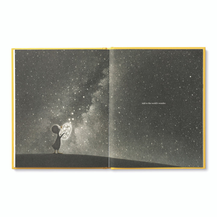 A two-page spread from the book "Finding Muchness" by Compendium features an illustration of a child holding a glowing object against a starry night sky. An illustrated duckling stands nearby, radiating hope and joy. The text on the right page reads, "Add to the world's wonder." The book has a yellow cover.
