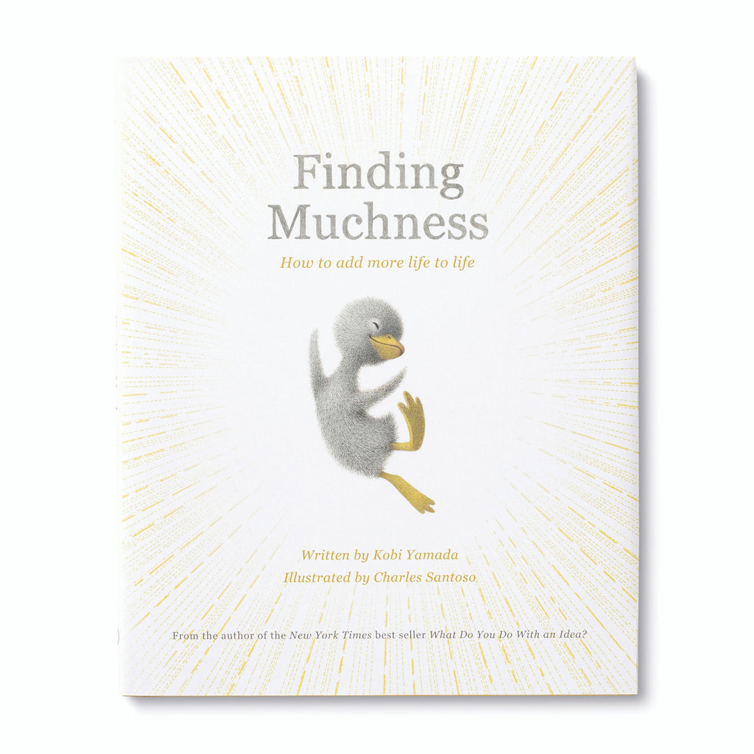 A Compendium book cover titled "Finding Muchness" presents a heartwarming illustration by Charles Santoso, featuring an enthusiastic duckling jumping, surrounded by radiating lines of hope and joy. The story is authored by Kobi Yamada.