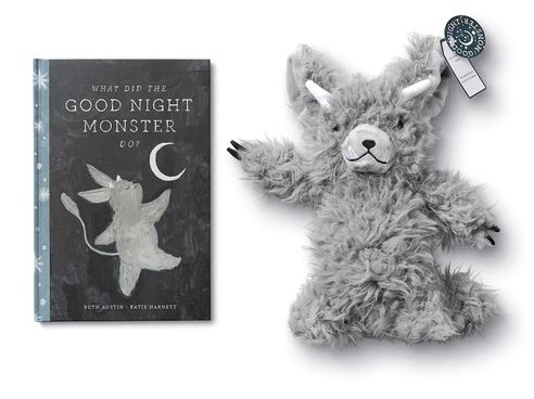 The Goodnight Monster Gift Set by Compendium includes a children's book titled "What Did the Goodnight Monster Do?" with an illustration of an adorable monster gazing at a crescent moon. Accompanying the book is a plush toy that resembles the Goodnight Monster, complete with a tag on its ear. This charming gift set offers a delightful story to help children manage their emotions as they drift off to sleep.