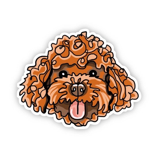 The Goldendoodle Sticker by Big Moods features a cartoon illustration of a happy and friendly brown dog with curly fur, a black nose, and its pink tongue sticking out, set against a white background.