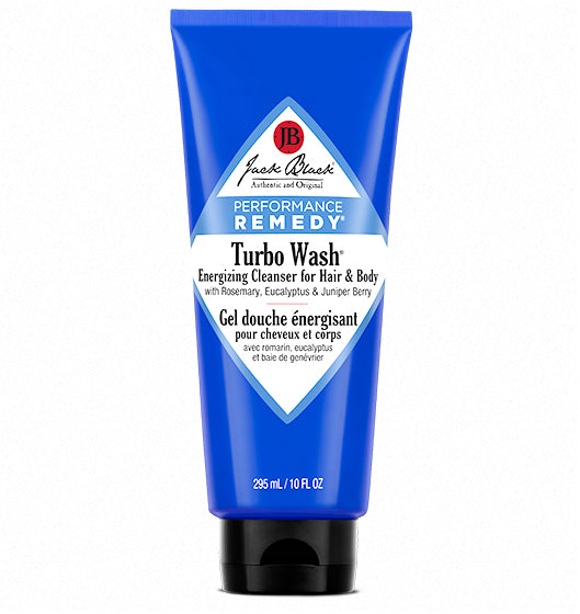 The Jack Black TurboWash Cleanser 10 oz comes in a blue tube and features a sulfate-free formula with distinct branding and product information. It is infused with eucalyptus, rosemary extract, and juniper berry, and contains 295 mL or 10 fl. oz.