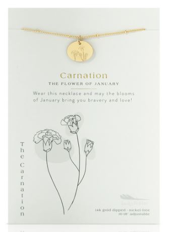 The LuckyFeather Birth Flower January Carnation necklace is exhibited on a white card, showcasing a pendant engraved with a delicate carnation. Its 14k gold-dipped chain is adjustable for an ideal fit. The card features an elegant illustration of carnations and reads: "Carnation - The Flower of January. Wear this necklace and may the blooms of January bring you bravery and love.