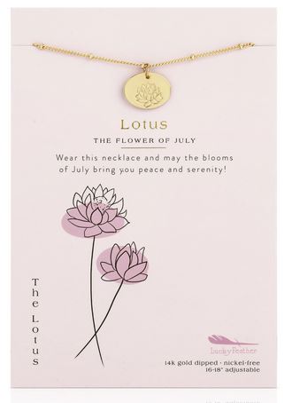 The "Birth Flower July Lotus" necklace by LuckyFeather, featuring a gold-dipped lotus pendant, is beautifully presented on an artistically designed card. The card showcases an illustration of a lotus and reads, "Lotus, the flower of July." Commemorating birth month flowers, it conveys wishes for peace and serenity. This adjustable and nickel-free piece offers a charming personal touch.