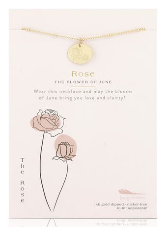 The "Birth Flower June Rose" necklace by LuckyFeather is elegantly displayed on a personalized card titled "Rose: The Flower of June." This card includes a beautiful rose illustration along with a heartfelt message about love and clarity. The 14k gold-dipped, nickel-free, adjustable necklace adds charm to birth month jewelry collections.