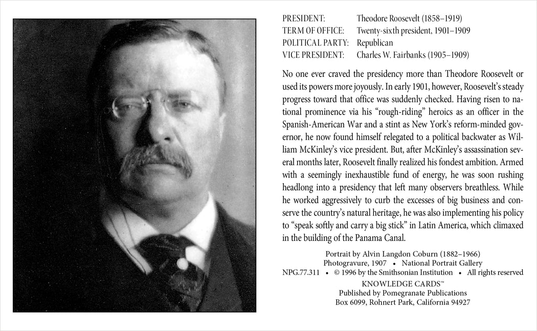 At the National Portrait Gallery, a sepia-toned portrait of U.S. President Theodore Roosevelt, featured with his serious pose, mustache, and glasses, is accompanied by detailed Knowledge Cards under the product name "American Presidents" by Pomegranate that highlight his political career, achievements, and personal background.