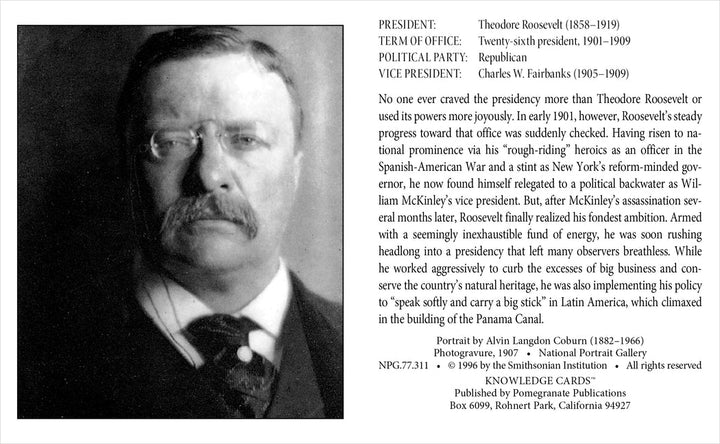 At the National Portrait Gallery, a sepia-toned portrait of U.S. President Theodore Roosevelt, featured with his serious pose, mustache, and glasses, is accompanied by detailed Knowledge Cards under the product name "American Presidents" by Pomegranate that highlight his political career, achievements, and personal background.