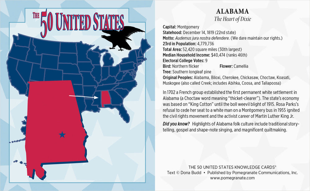 The illustrated knowledge card for Alabama from THE 50 UNITED STATES by Pomegranate features a map with major cities, state facts, and notable history. A highlighted section of Alabama showcases Birmingham, Montgomery, and other key locations. The text details the state's symbols, population, and historical significance within the United States of America.