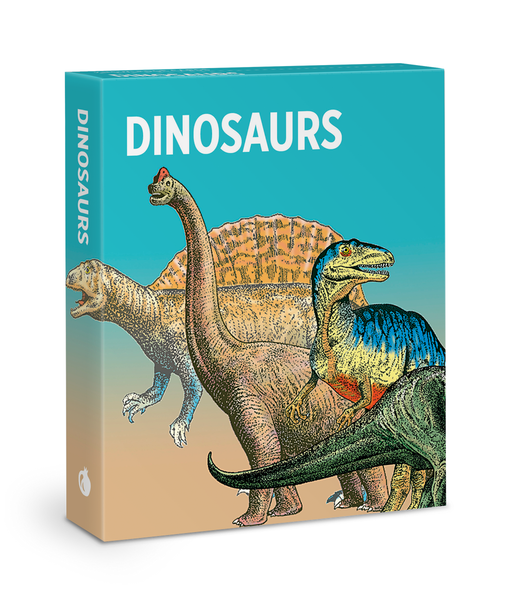 The "Dinosaurs" book cover from Pomegranate features a vibrant array of dinosaur illustrations, highlighting a long-necked dinosaur, a spiky-backed dinosaur, and others with textured, scaly skin set against a gradient blue to beige background. Ideal for anyone intrigued by evolutionary development and seeking to enrich their knowledge cards.