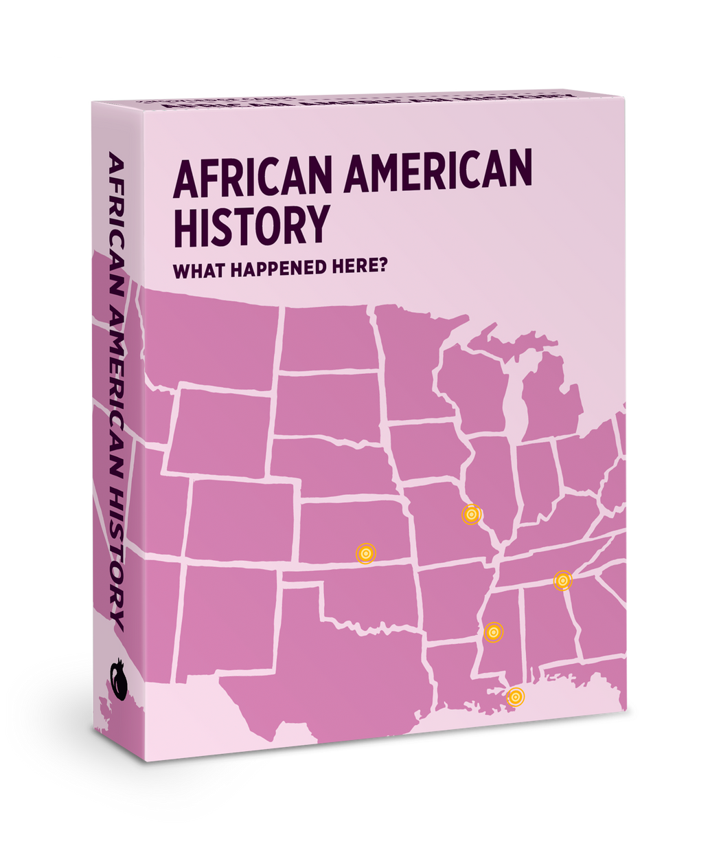The pink cover of Pomegranate's "African American Geography History Knowledge Deck" features a U.S. map highlighting key historical sites in the South and East, inviting readers to explore these places through educational cards.