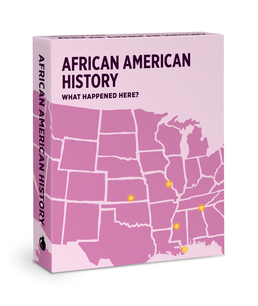 The pink cover of Pomegranate's "African American Geography History Knowledge Deck" features a U.S. map highlighting key historical sites in the South and East, inviting readers to explore these places through educational cards.