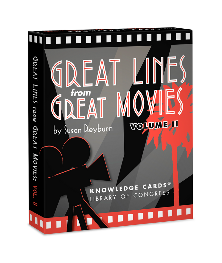 A black, red, and white box titled "Great Lines Great Movies Vol 2" by Susan Deyburn under the Pomegranate brand. The design features a film reel, a movie camera, and a red palm tree silhouette. Labeled with "Knowledge Cards" and "Library of Congress," it contains memorable Hollywood phrases.