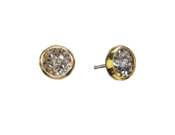 Introducing the Kristal Dome Stud Earrings by Waxing Poetic: a captivating pair of gold stud earrings featuring round diamond clusters at the center, beautifully accented with elegant sterling silver. These exquisite earrings are designed with a secure post-back closure, seamlessly blending classic charm and modern style.