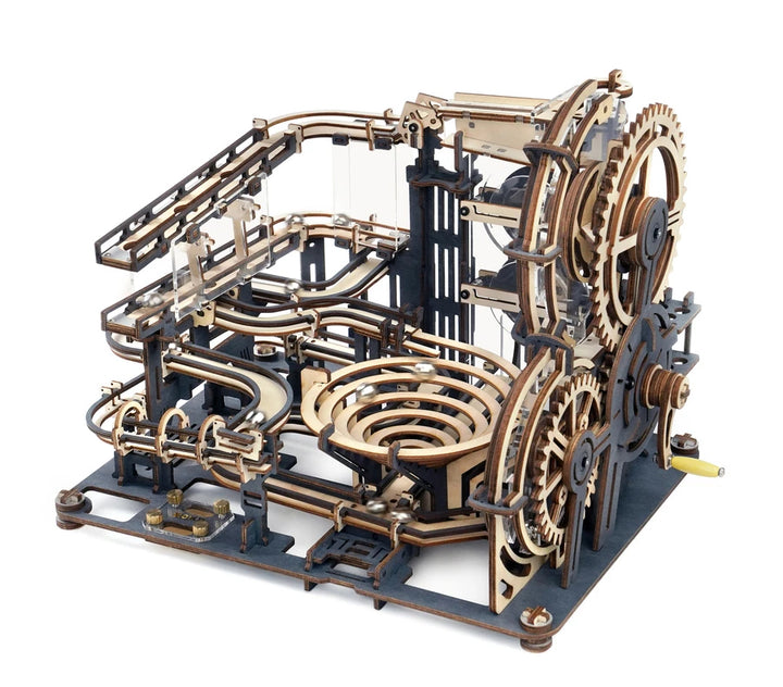 The DIY Marble Run Night City by Hands Craft is a meticulously crafted wooden puzzle featuring large gears, intricate mechanisms, and an elaborate path with tracks, lifts, and spirals designed to guide marbles. This DIY assembly marvel boasts a complex network of interconnected moving parts.