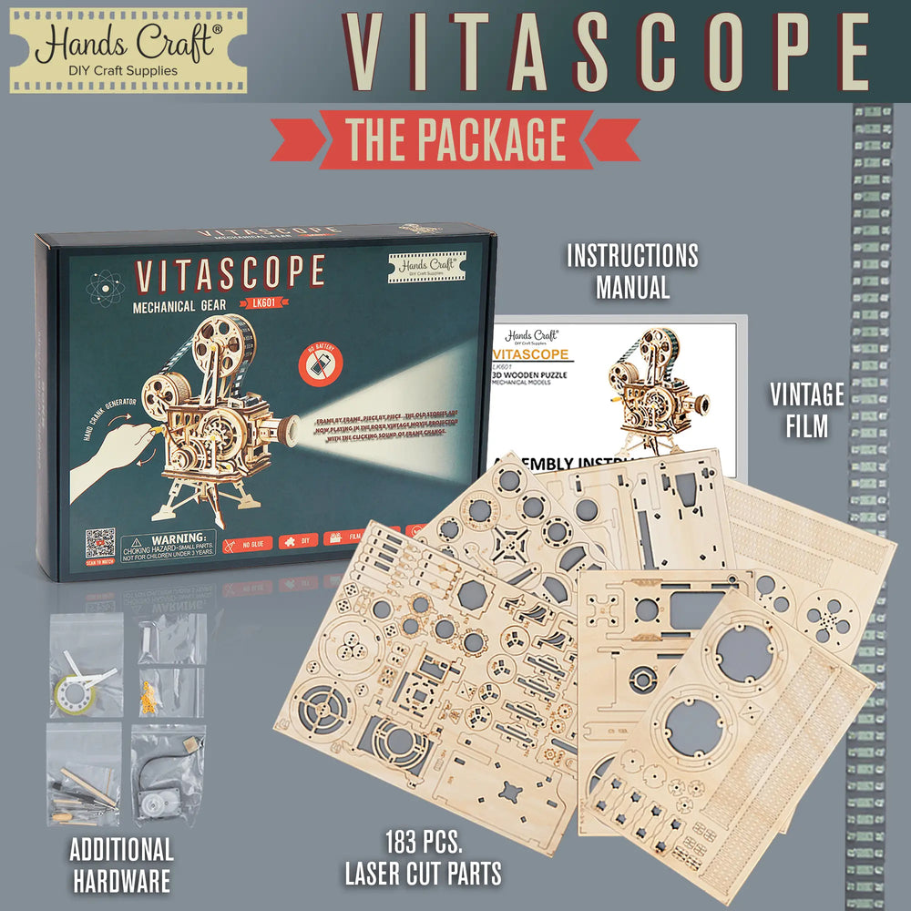 A Hands Craft DIY Vitascope model kit package is displayed, featuring laser-cut wooden parts. It includes all the necessary hardware, an instruction manual, and vintage film. The image emphasizes the intricate wooden pieces that make this 3D puzzle a captivating project to assemble.