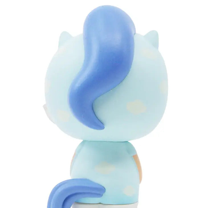 A Little Starlight Girl figurine from Momiji, featuring a blue pastel cat with a long blue mane and tail that evokes the spirit of a whimsical unicorn guardian. The cat, adorned with small ears and white cloud patterns, resembles a charming vinyl doll. The figurine is depicted from the back to emphasize its beautifully detailed tail and mane.