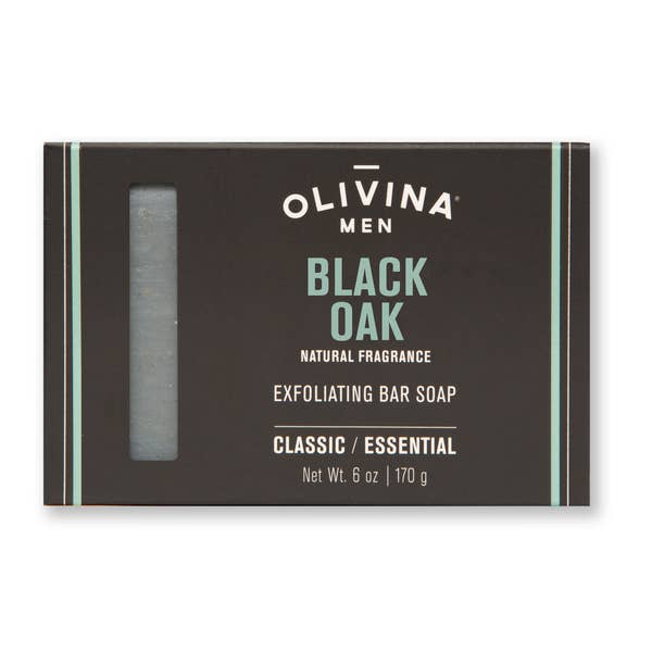 The packaging of Barrel and Oak's Black Oak Exfoliating Bar Soap boasts a sleek design, characterized by a dark box with light text that emphasizes its natural fragrance and classic allure. This 6 oz bar uses sustainable palm oil, offering an eco-friendly option for those who prioritize quality and environmental sustainability.