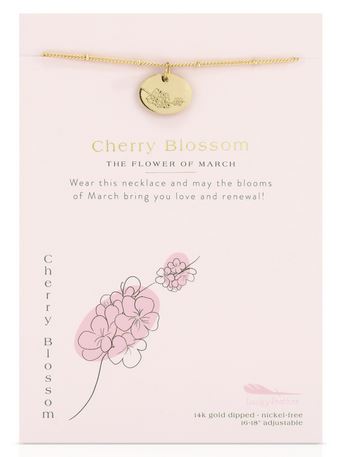 Introducing the Birth Flower March Cherry Blossom necklace by LuckyFeather, a stunning 14k gold-dipped piece featuring a cherry blossom pendant. It rests beautifully on a pink card adorned with "Cherry Blossom" text and delicate floral illustrations, accompanied by a heartfelt message about renewal. The adjustable chain is designed to be nickel-free, ensuring lasting comfort.