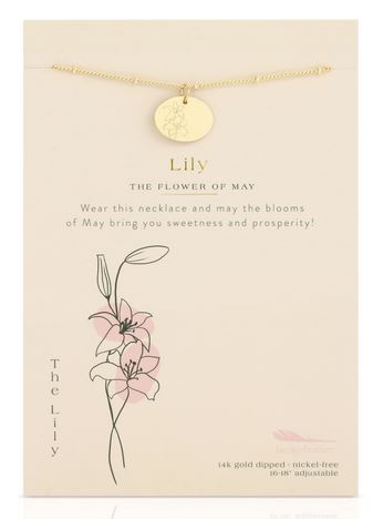 A LuckyFeather Birth Flower May Lily necklace, featuring a round pendant, is displayed on a personalized card. The card showcases an illustration of a lily flower and text that reads, "Lily – The Flower of May. Wear this 14k gold-dipped necklace and may the blooms of May bring you sweetness and prosperity!" This nickel-free necklace has an adjustable length of 16-18 inches.