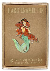 The Mermaid Pin, a hard enamel piece featuring a mermaid with long red hair and a green tail, measuring 2-3/8 inches, is beautifully displayed in a gift box. The text on the box reads "Hard Enamel Pin" at the top and "PeterPauperP, White Plains, New York" at the bottom.