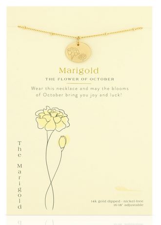 Displayed on a personalized card, the "Birth Flower October Marigold" by LuckyFeather is a stunning 14k gold-dipped necklace with a round pendant showcasing a marigold flower design. The card reads: "Marigold - The Flower of October. Wear this necklace and may the blooms of October bring you joy and luck!" An illustration of the birth month flower, marigold, graces the card.