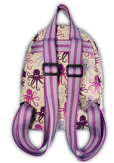 The Bungalow 360 Backpack Octopus is a small cotton canvas backpack that showcases a unique pattern of purple, pink, and black octopuses on a light background. It features two adjustable striped straps in shades of purple and white, along with a handle at the top for easy carrying. Crafted with vegan materials, this backpack stands out for its distinctive design.