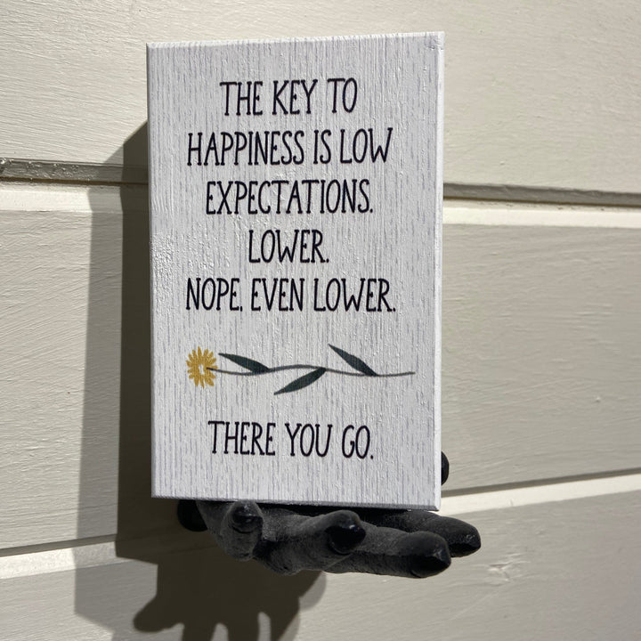 A small, handcrafted sign from SincereSurroundings, titled "Lower Expectations," rests on a decorative hand. The sign reads, "The key to happiness is low expectations. Lower. Nope, even lower. There you go." Beneath the text is a simple illustration of a yellow flower—an inviting display for any space.