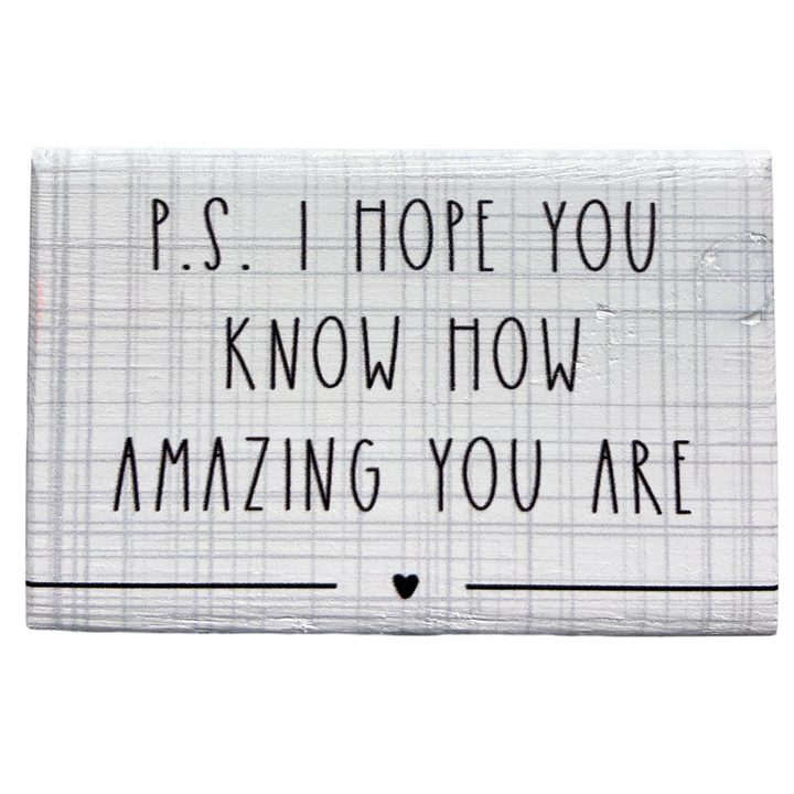 The "P.S. Amazing" sign by SincereSurroundings is a handcrafted rectangular piece featuring a white, plaid-like background. The sign displays the heartfelt message, "P.S. I hope you know how amazing you are," accompanied by a small black heart symbol below the text—ideal for enhancing your Rock Rapids shelf display.