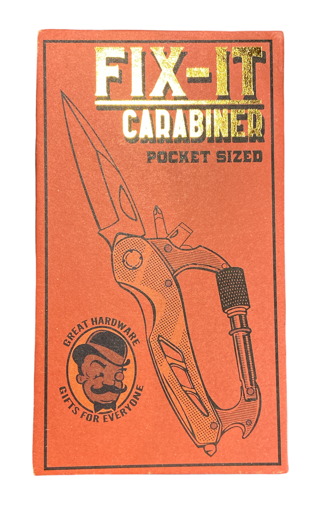 A "Fix It Carabiner Multi" package from TrixienMilo on an orange background, showcasing a carabiner multitool with knife and screwdriver features. Text reads "Fix It Carabiner Multi, Pocket Sized" and "Great Hardware, Gifts for Everyone," with an image of a smiling man.