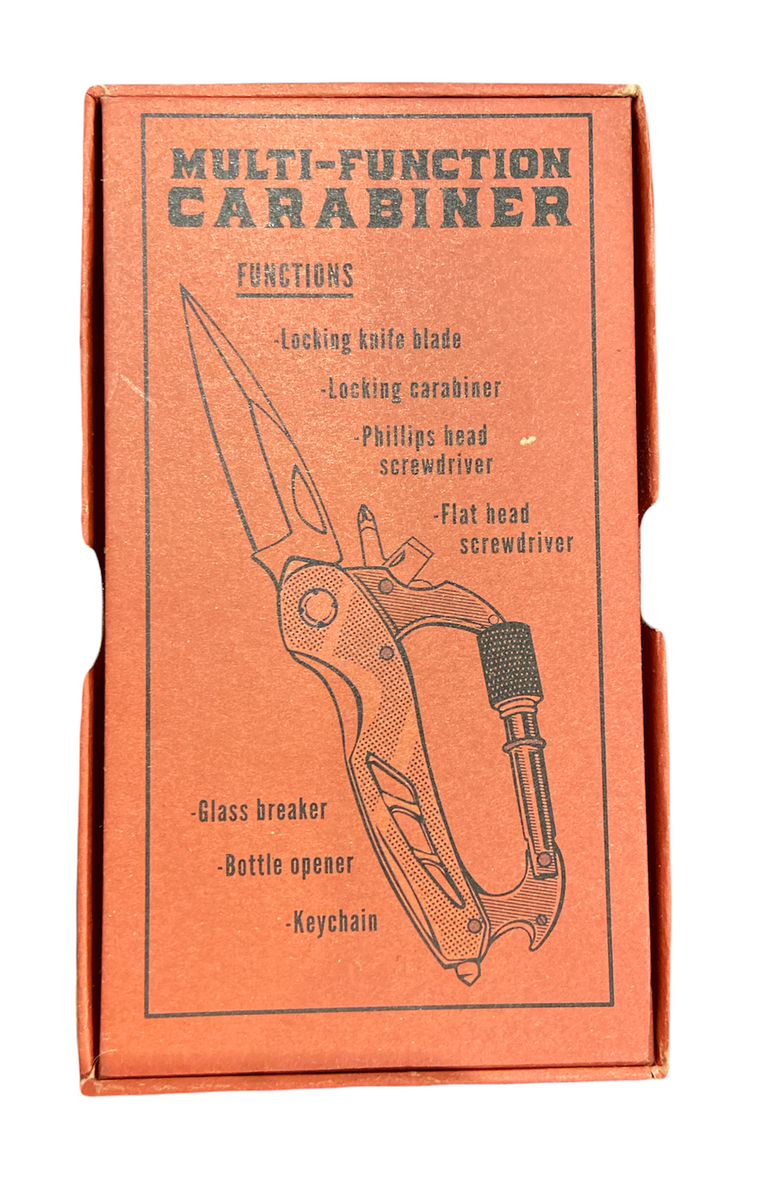 The packaging for the "Fix It Carabiner Multi" by TrixienMilo showcases its diverse functionalities, including a locking knife blade, Phillips head screwdriver, flat head screwdriver, glass breaker, bottle opener, and keychain. The package is orange with black text and illustrations.