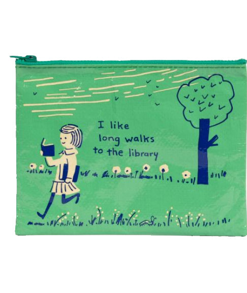 The Long Walks to the Library Zipper Pouch by Blue Q is a green, eco-friendly pouch featuring an illustration of a girl reading while walking. The pouch reads "I like long walks to the library," with a tree, grass, and flowers in the background.