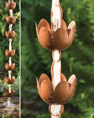 The Rain Chain Lily by ANCIENTGRAFF showcases a visually captivating design with copper-plated, lotus flower-shaped cups linked together. As water travels along the chain, it gracefully fills each cup. Set against a background of lush green foliage, this rain chain beautifully blends decorative charm with functional elegance. Gutter clips are included for secure installation and adjustable length customization.