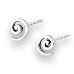 Introducing the "Swirl Silver Stud" by Welman, a pair of sterling silver earrings with a glossy finish. Each earring features a swirling design with smooth curves that create an elegant coiled pattern. These earrings are mask-friendly and come with a post backing, making them ideal for pierced ears.