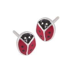 Introducing the Ladybug Silver Stud by Welman: A charming pair of stud earrings designed to resemble adorable ladybugs. Each earring showcases a black head with white eyes and a red body decorated with small black spots. Expertly crafted from sterling silver, these mask-friendly earrings deliver allergy-free comfort for all-day wear without compromising on style.