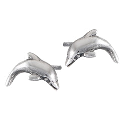 Introducing the Welman Dolphin Silver Stud: a set of sterling silver cufflinks featuring dolphins in mid-leap, highlighting their sleek forms and fins with a radiant metallic finish.