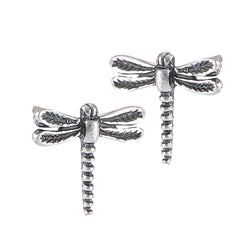 Introducing the Dragonfly Silver Studs by Welman, a pair of exquisite sterling silver dragonfly-shaped earrings featuring detailed wings and segmented bodies. These mask-friendly earrings measure 11 mm and showcase intricate craftsmanship that highlights the natural elements of the dragonfly with a stunning metallic sheen. Displayed against a plain white background, these earrings are a testament to fine artistry and elegant design.