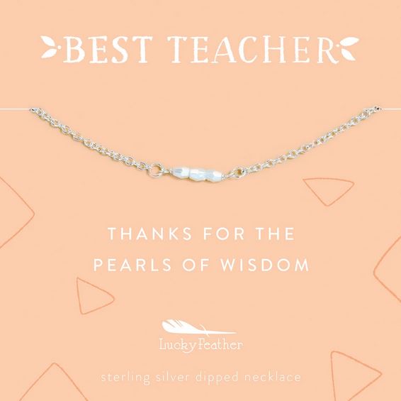 The Teacher Pearls of Wisdom necklace, crafted in sterling silver and adorned with small pearls, is beautifully showcased against an orange background. It features the phrases "BEST TEACHER" and "Thanks for the pearls of wisdom," expressing heartfelt appreciation. The brand name "LuckyFeather" is elegantly displayed at the bottom.