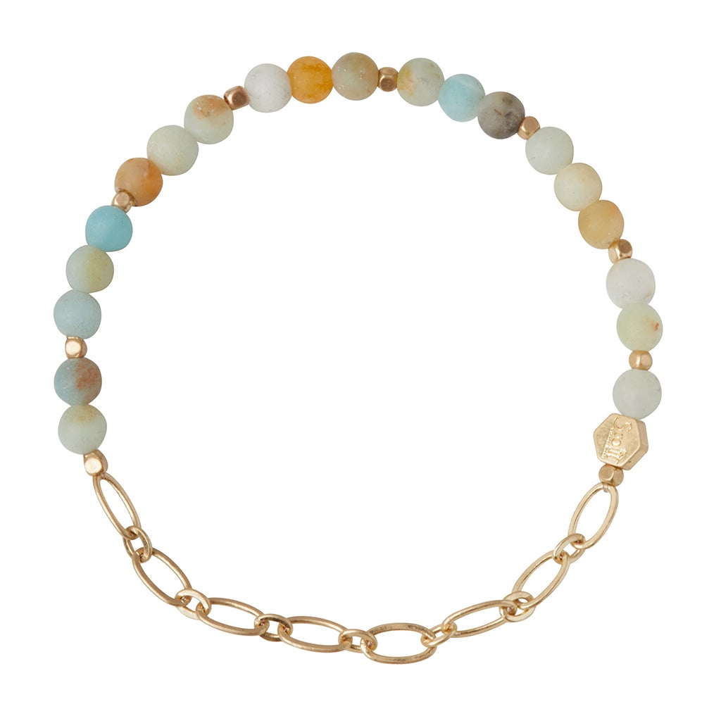 The Chain Bracelet Amazonite/Gold by Scout Jewelry showcases semi-precious gemstone beads in soft pastel shades of blue, green, and brown, complemented by a paperclip chain segment and adorned with a small hexagonal gold charm.