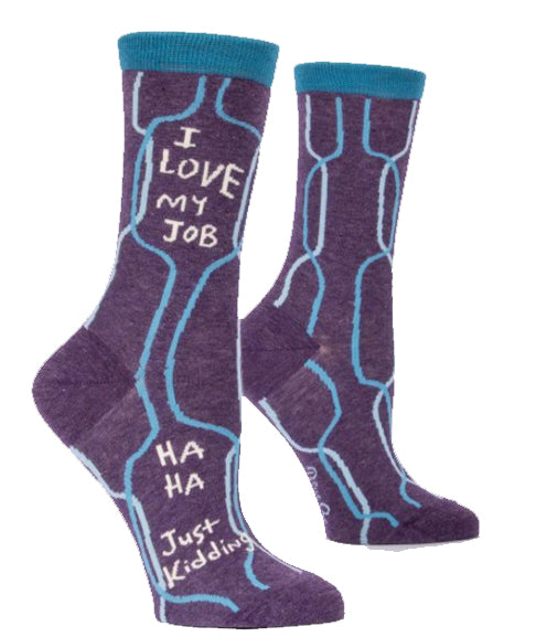 Crafted from soft combed cotton, Blue Q's "I Love My Job Socks" in women's purple feature blue and white patterns with the playful text "I LOVE MY JOB HA HA Just Kidding." The matching blue cuffs add a whimsical touch to any outfit.