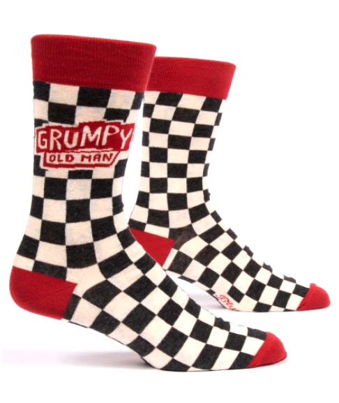 The Grumpy Old Man Socks by Blue Q feature a black and white checkerboard design with vivid red accents on the toes, heels, and cuffs. The phrase "GRUMPY OLD MAN" is displayed in bold red lettering against a clean white background, perfectly encapsulating the essence of Grumpy Old Men. Crafted from combed cotton for men's wear, these socks make a stylish statement.