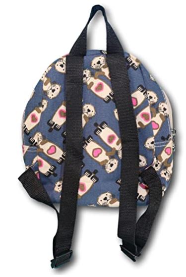 A compact Bungalow 360 "Backpack Sea Otter" on cotton canvas, featuring black straps and a blue backdrop decorated with playful sea otters holding pink hearts.