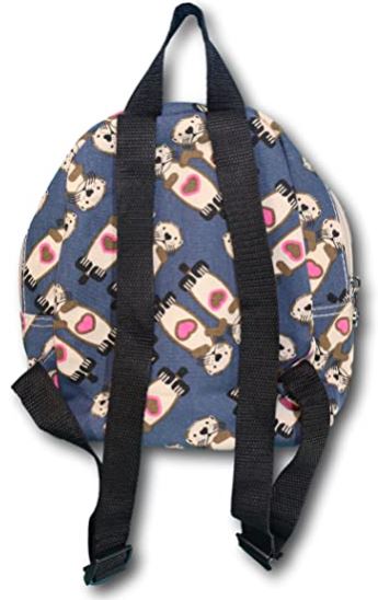 The Mini Back Pack Sea Otter by Bungalow 360 is a compact backpack featuring adjustable nylon straps. It showcases a blue fabric adorned with charming brown otters holding pink hearts and is crafted from durable natural cotton canvas, complete with a zipper closure on one side.