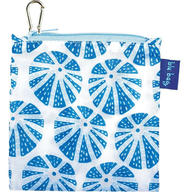 The Sea Urchin Reusable Bag by zzzRockFlowerPaper is a small square pouch featuring a blue and white geometric design inspired by sand dollars. This eco-friendly bag comes with a zipper closure and has a metal clip at the top left corner. The blue fabric tag displays "lilly bag," and it is machine washable for easy maintenance.