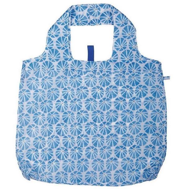 The Sea Urchin Reusable Bag by zzzRockFlowerPaper is a machine washable shopping bag with a blue circular geometric pattern on a white background. This eco-friendly bag features sturdy handles and a rectangular shape, making it perfect for carrying various items.