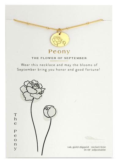 The LuckyFeather Birth Flower September Peony necklace is showcased on a personalized card, featuring a gold pendant with a peony design. The card reads "Peony: The Flower of September" and provides details about the necklace, which is 14k gold-dipped, nickel-free, and adjustable. An illustration of a peony accompanies the text.