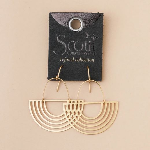 A pair of Solar Rays Gold earrings from Scout Jewelry, featuring a layered, semi-circular hoop design in a gold color, is displayed on a black card labeled "Refined Earring Collection" against a beige background. These hypoallergenic earrings offer the perfect blend of style and comfort, making them ideal for sensitive ears.