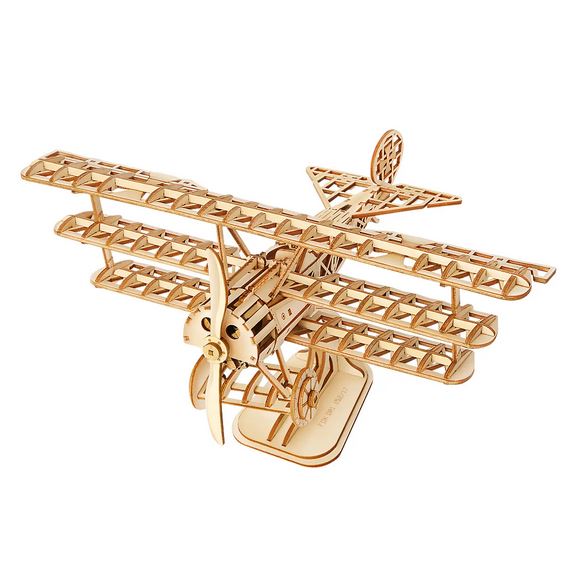 The Hands Craft DIY Airplane is a detailed wooden puzzle model of a triplane, featuring intricate details like three wings on each side, a propeller at the front, and a tail. This 3D kit is set on a wooden base, showcasing exceptional craftsmanship and design.